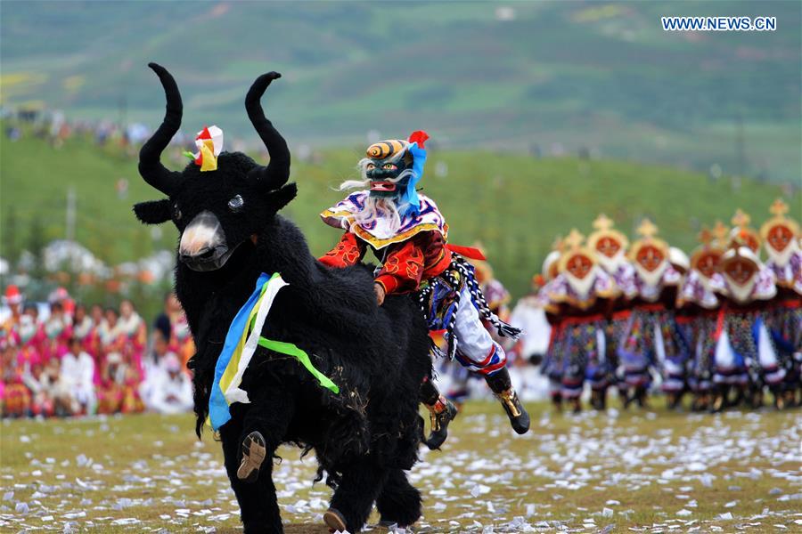 Dancers perform Tibetan drama at the opening ceremony of Shambhala Tourism Festival in Gannan, northwest China's Gansu Province, July 17, 2016. Dancers perform Tibetan drama at the opening ceremony of Shambhala Tourism Festival in Gannan, northwest China's Gansu Province, July 17, 2016.
