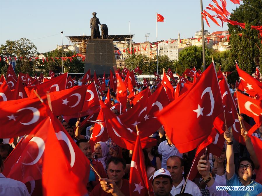 People gather to protest the coup attempt in Istanbul, Turkey, July 16, 2016.