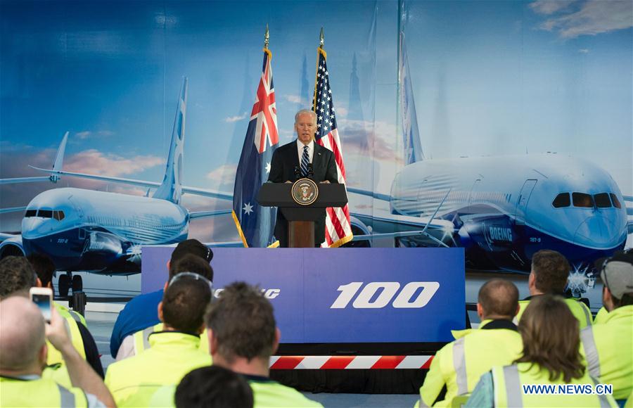 U.S. Vice President Joe Biden addresses workers and staffs of the Boeing Aerostructures Australia plant in Melbourne, Australia, July 18, 2016.