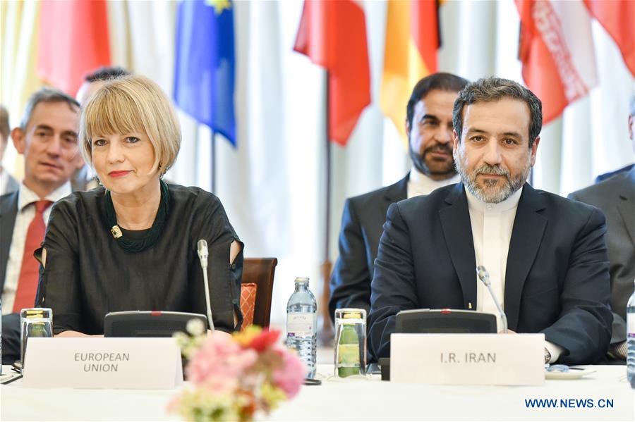 Helga Schmid (L, Front), Deputy Secretary General for Political Affairs of the European External Action Service, and Iranian Deputy Foreign Minister Abbas Araqchi (R, Front) attend a meeting of the Joint Commission under the Joint Comprehensive Plan of Action on Iranian nuclear issue in Vienna, Austria, on July 19, 2016.
