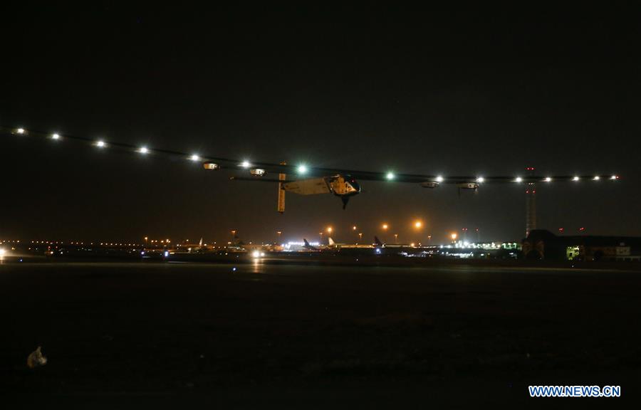 Photo taken on July 23, 2016 shows the solar-powered aircraft Solar Impulse 2 at the international airport in Cairo, capital of Egypt.