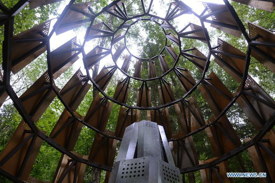 Art work 'The Cage' is displayed during a landscape architecture festival called 'Archstoyanie' in Nikola-Lenivets, Russia, July 23, 2016.