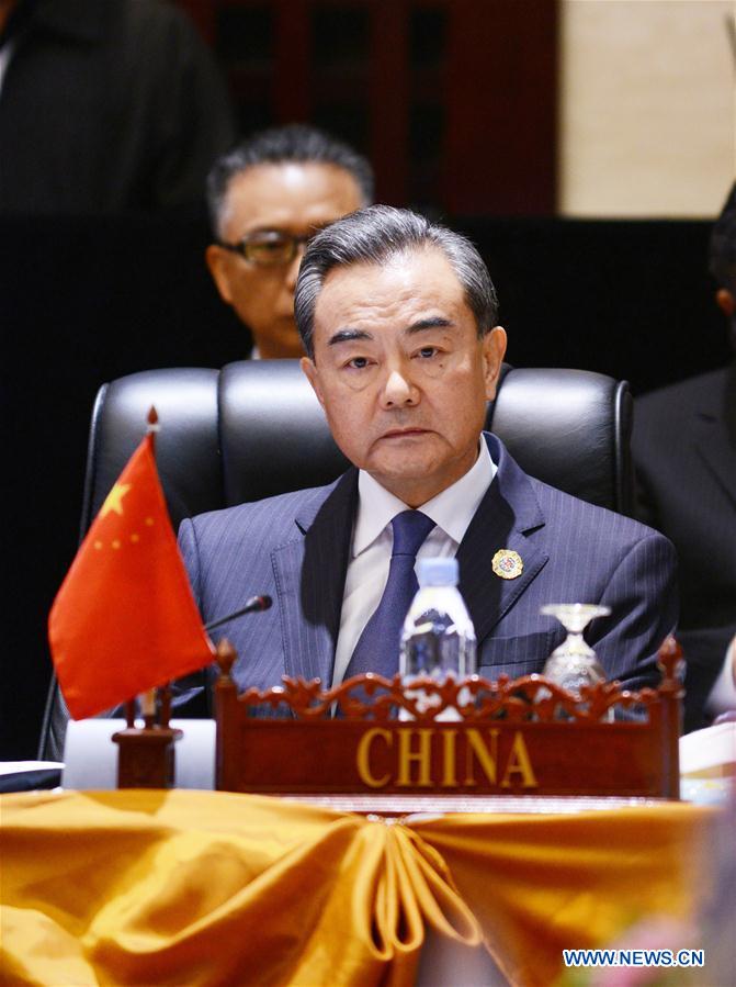 Chinese Foreign Minister Wang Yi attends the 6th East Asia Summit Foreign Ministers' Meeting in Vientiane, capital of Laos, July 26, 2016. 