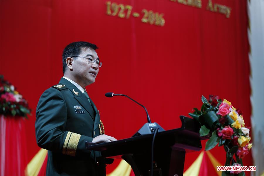 Wang Jinbo, military attache of the Chinese embassy to Myanmar, speaks during a reception to mark the 89th anniversary of the founding of Chinese People's Liberation Army (PLA), in Yangon, Myanmar, July 29, 2016. (Xinhua/U Aung)