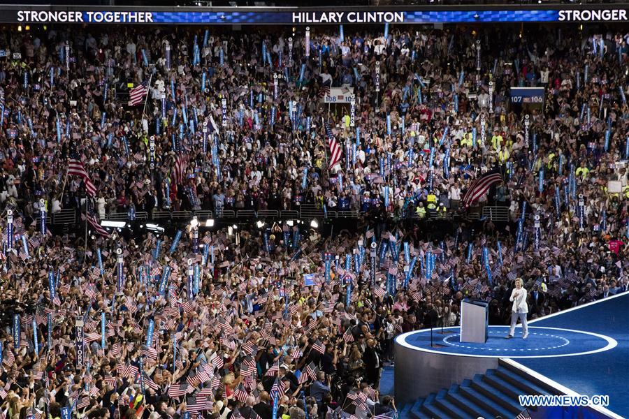 U.S. Democratic Presidential Candidate Hillary Clinton takes the stage on the last day of the 2016 U.S. Democratic National Convention at Wells Fargo Center, Philadelphia, Pennsylvania, the United States on July 28, 2016. 
