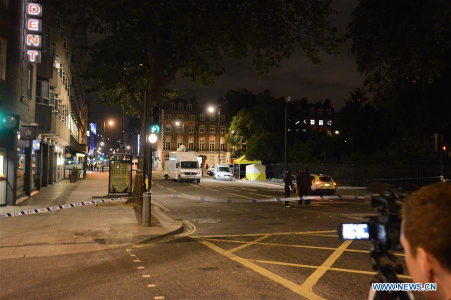 Blockade line is seen near the attack site in central Russell Square in London, Britain, Aug. 3, 2016.
