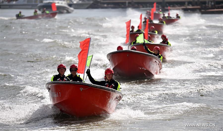 A total of 110 fire-fighters took part in the drill with 19 steamboats and a speed boat. A total of 110 fire-fighters took part in the drill with 19 steamboats and a speed boat.