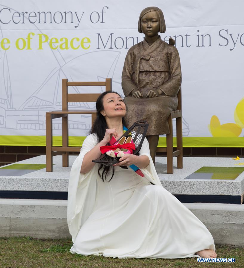 The designer of the statue talks about the idea of this statue during the unveiling of a 'comfort women' statue in Sydney, Australia, Aug. 6, 2016.