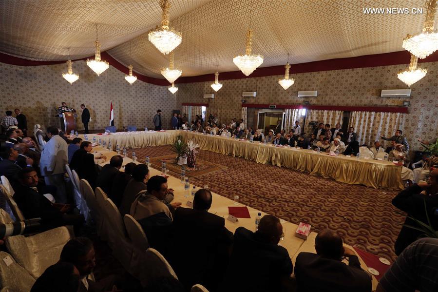 Photo taken on Aug. 6, 2016 shows a meeting announcing members of 'political council' in Sanaa, capital of Yemen. Photo taken on Aug. 6, 2016 shows a meeting announcing members of 'political council' in Sanaa, capital of Yemen.