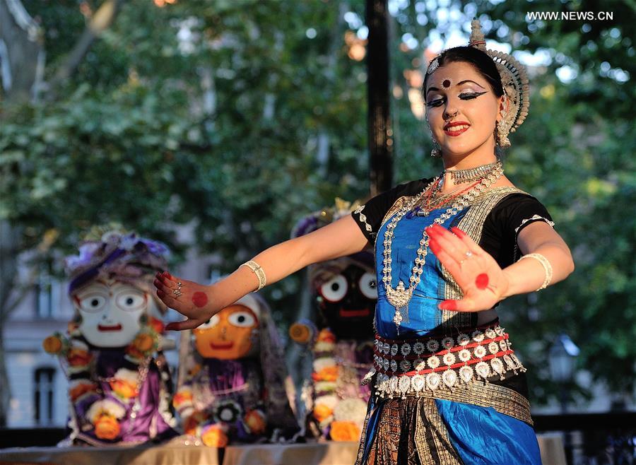 A dancer performs during Ratha Yatra festival in Zagreb, capital of Croatia, on Aug. 6, 2016.