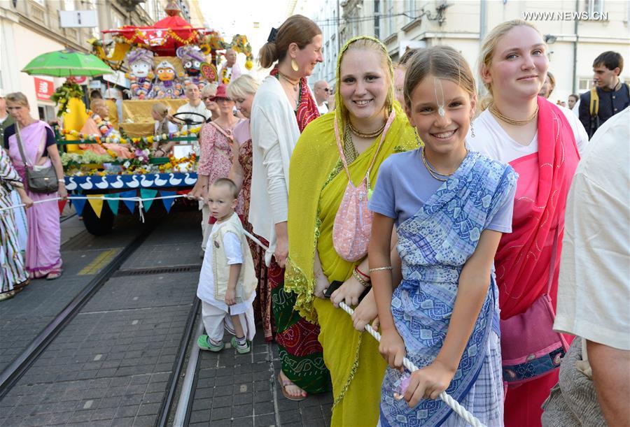 People participate in Ratha Yatra festival in Zagreb, capital of Croatia, on Aug. 6, 2016. People participate in Ratha Yatra festival in Zagreb, capital of Croatia, on Aug. 6, 2016.