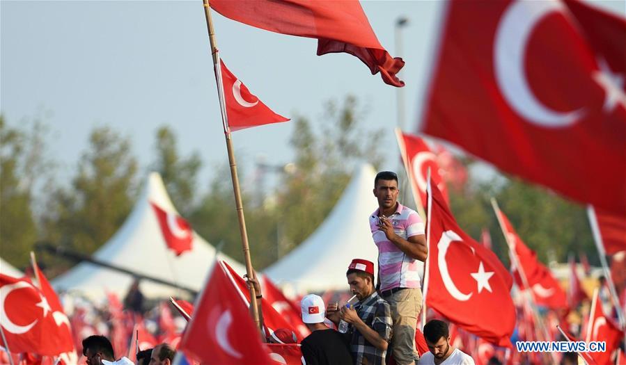 Devlet Bahceli, leader of Turkey's opposition Nationalist Movement Party, delivers a speech at a rally against the failed military coup on July 15 in Istanbul's Yenikapi square, Turkey, on Aug. 7, 2016.