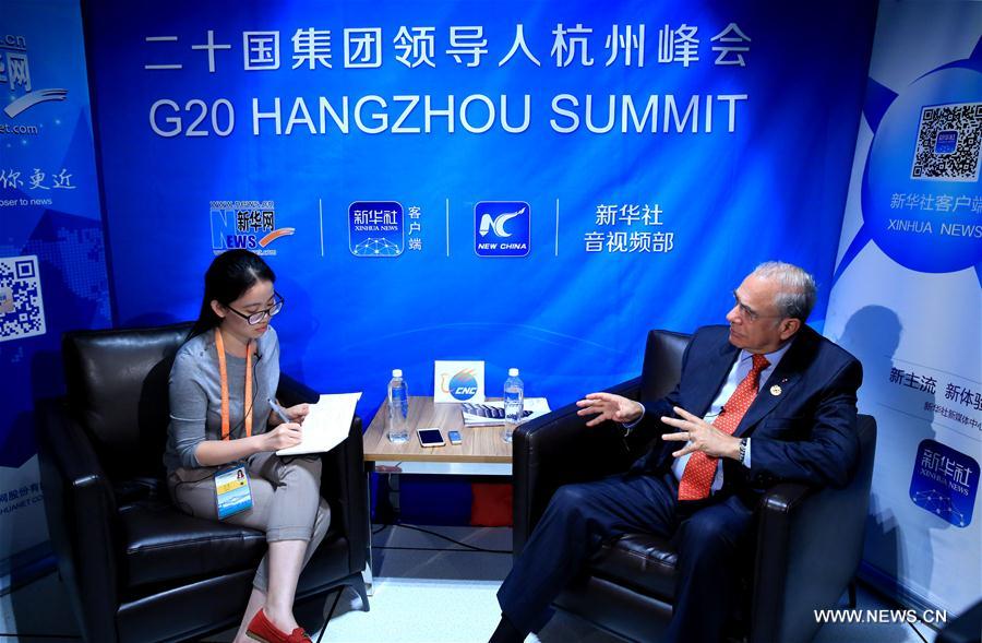 Organization for Economic Cooperation and Development Secretary-General Angel Gurria receives an interview with Xinhua in Hangzhou, capital of east China's Zhejiang Province, Sept. 2, 2016. (Xinhua/Li Mingfang)
