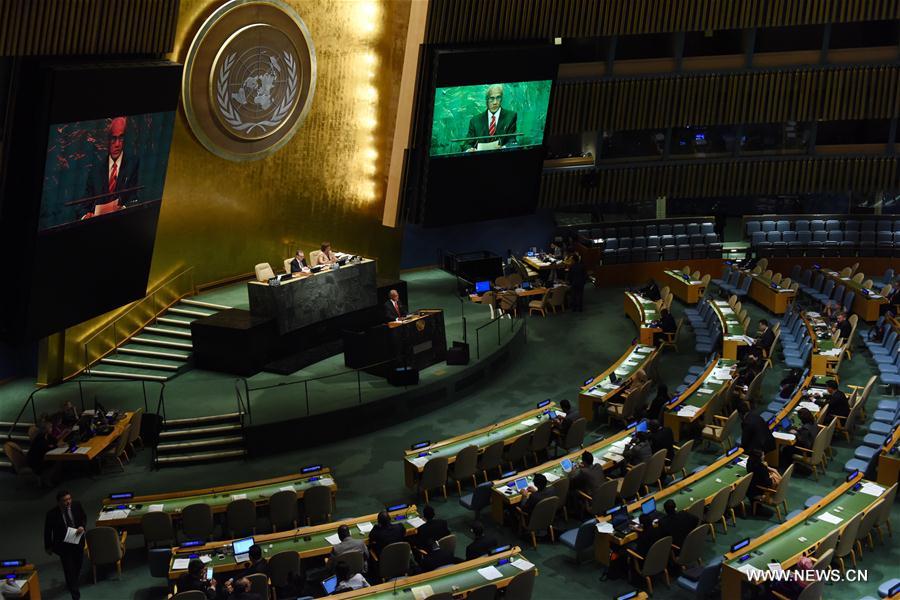 Tongan Prime Minister Akilisi Pohiva addresses the general debate during the 71st annual session of the United Nations General Assembly at the UN headquarters in New York, on Sept. 24, 2016. (Xinhua/Yin Bogu) 