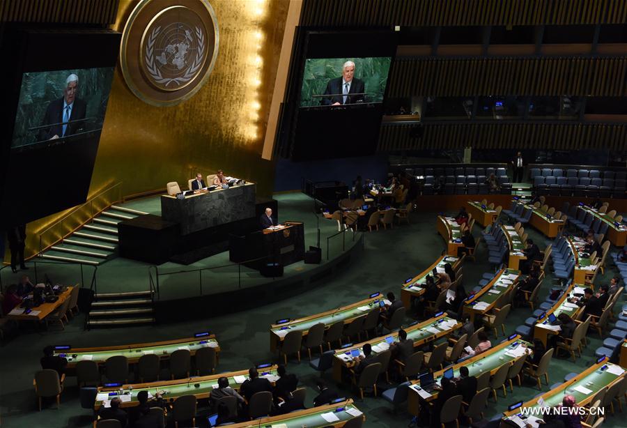 Syria's Deputy Prime Minister Walid Al-Moualem addresses the general debate during the 71st annual session of the United Nations General Assembly at the UN headquarters in New York, on Sept. 24, 2016. (Xinhua/Yin Bogu) 