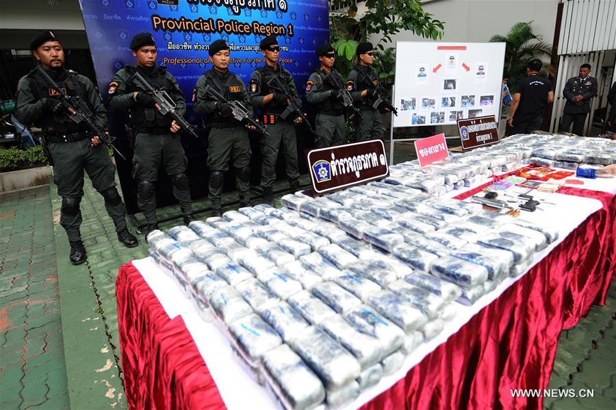 Thai police officers display a total of one million amphetamine tablets seized in Ayutthaya Province during a press briefing in Bangkok, Thailand, Oct. 3, 2016. Thai police officers display a total of one million amphetamine tablets seized in Ayutthaya Province during a press briefing in Bangkok, Thailand, Oct. 3, 2016.