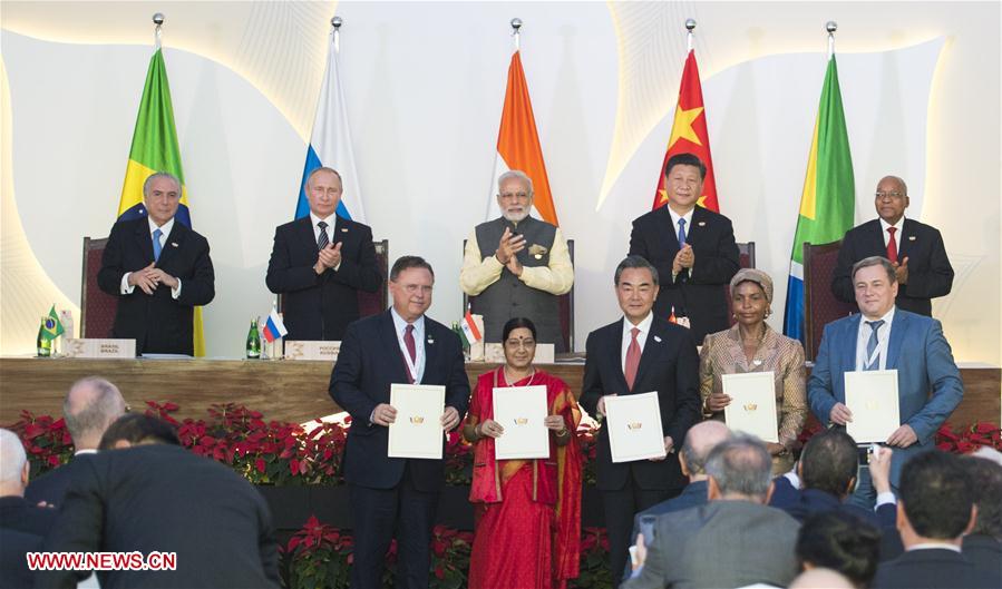 Chinese President Xi Jinping, Indian Prime Minister Narendra Modi, South African President Jacob Zuma, Brazilian President Michel Temer, and Russian President Vladimir Putin witness the signing of a number of cooperative documents and attend a joint press conference after the eighth BRICS (Brazil, Russia, India, China and South Africa) summit in the western Indian state of Goa, Oct. 16, 2016. (Xinhua/Xie Huanchi) Chinese President Xi Jinping, Indian Prime Minister Narendra Modi, South African President Jacob Zuma, Brazilian President Michel Temer, and Russian President Vladimir Putin witness the signing of a number of cooperative documents and attend a joint press conference after the eighth BRICS (Brazil, Russia, India, China and South Africa) summit in the western Indian state of Goa, Oct. 16, 2016. (Xinhua/Xie Huanchi)