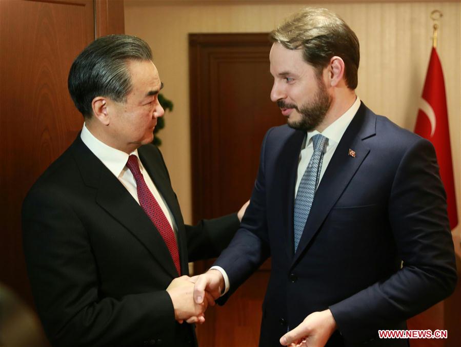 Visiting Chinese Foreign Minister Wang Yi (L) meets with Turkish Energy and Natural Resources Minister Berat Albayrak in Ankara, capital of Turkey, Nov. 14, 2016. (Xinhua/Zou Le)