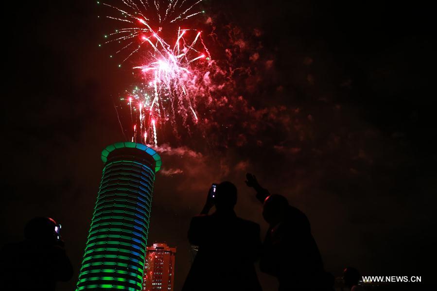 Photo taken on Dec. 20, 2016 shows the Lights and Fireworks Show which celebrates the forthcoming Christmas at the Kenyatta International Convention Centre (KICC) in Nairobi, capital of Kenya.