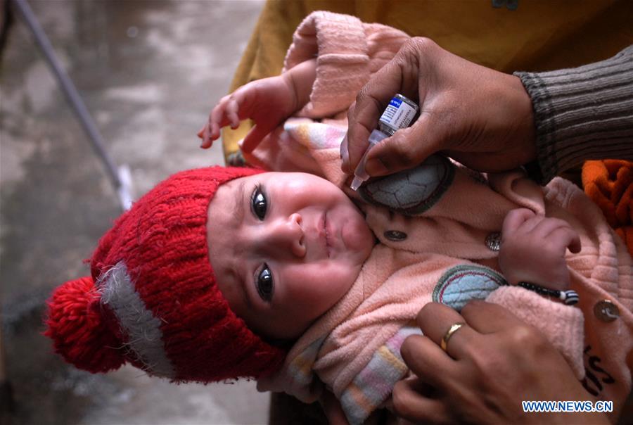 A Pakistani child receives polio vaccine during a vaccination campaign in northwest Pakistan's Peshawar on Jan. 16, 2017. 
