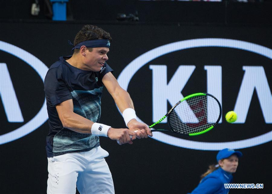 Milos Raonic of Canada returns the ball during the men's singles third round match against Gilles Simon of France at the Australian Open Tennis Championships in Melbourne, Australia, Jan. 21, 2017. Raonic won 3-1. (Xinhua/Zhu Hongye) 