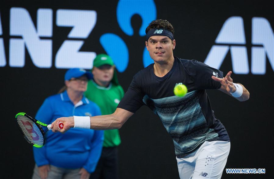 Milos Raonic of Canada returns the ball during the men's singles third round match against Gilles Simon of France at the Australian Open Tennis Championships in Melbourne, Australia, Jan. 21, 2017. Raonic won 3-1. (Xinhua/Zhu Hongye) 