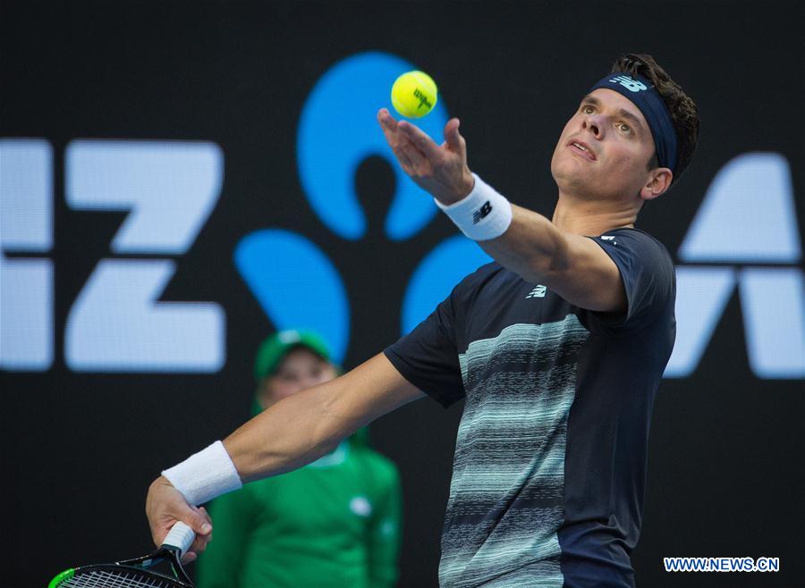 Milos Raonic of Canada serves during the men's singles third round match against Gilles Simon of France at the Australian Open Tennis Championships in Melbourne, Australia, Jan. 21, 2017. Raonic won 3-1. (Xinhua/Zhu Hongye) 