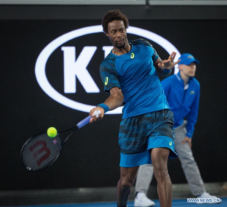 Gael Monfils of France returns the ball during the men's singles third round match against Philipp Kohlschreiber of Germany at the Australian Open Tennis Championships in Melbourne, Australia, Jan. 21, 2017. Gael Monfils won 3-0. (Xinhua/Zhu Hongye) Gael Monfils of France returns the ball during the men's singles third round match against Philipp Kohlschreiber of Germany at the Australian Open Tennis Championships in Melbourne, Australia, Jan. 21, 2017. Gael Monfils won 3-0. (Xinhua/Zhu Hongye)