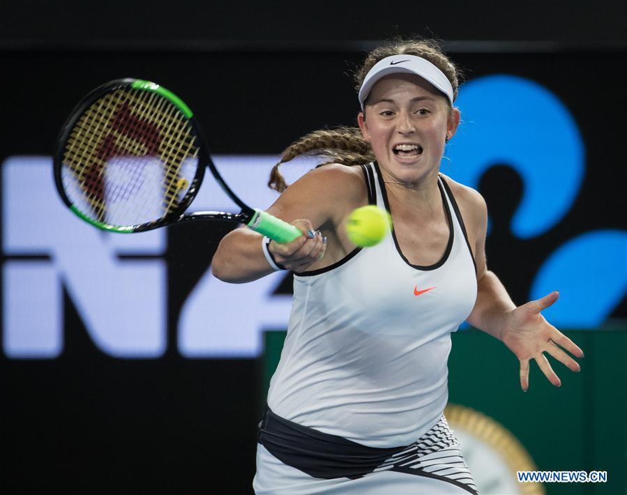 Jelena Ostapenko of Latvia returns the ball during the women's singles third round match against Karolina Pliskova of the Czech Republic at the Australian Open Tennis Championships in Melbourne, Australia, Jan. 21, 2017. Jelena Ostapenko lost 0-3. (Xinhua/Zhu Hongye) Jelena Ostapenko of Latvia returns the ball during the women's singles third round match against Karolina Pliskova of the Czech Republic at the Australian Open Tennis Championships in Melbourne, Australia, Jan. 21, 2017. Jelena Ostapenko lost 0-3. (Xinhua/Zhu Hongye)