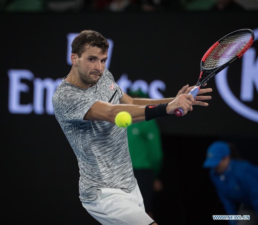 Grigor Dimitrov of Bulgaria returns the ball during the men's singles third round match against Richard Gasquet of France at the Australian Open Tennis Championships in Melbourne, Australia, Jan. 21, 2017. Dimitrov won 3-0. (Xinhua/Zhu Hongye) Grigor Dimitrov of Bulgaria returns the ball during the men's singles third round match against Richard Gasquet of France at the Australian Open Tennis Championships in Melbourne, Australia, Jan. 21, 2017. Dimitrov won 3-0. (Xinhua/Zhu Hongye)