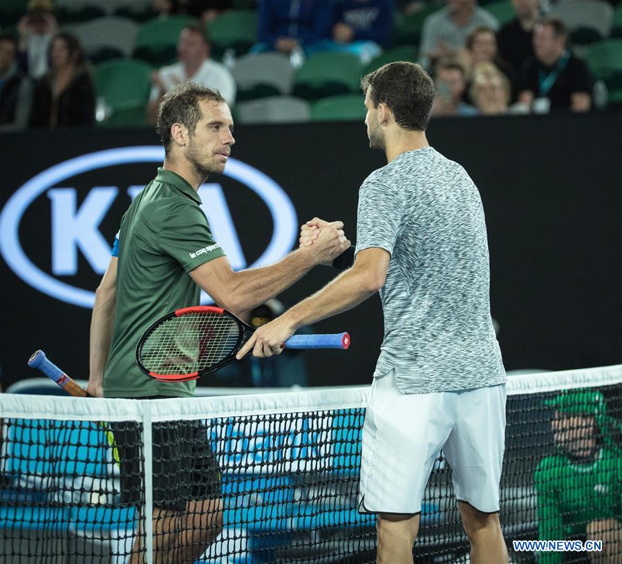 Grigor Dimitrov (R) of Bulgaria shakes hands with Richard Gasquet of France after the men's singles third round match at the Australian Open Tennis Championships in Melbourne, Australia, Jan. 21, 2017. Dimitrov won 3-0. (Xinhua/Zhu Hongye) Grigor Dimitrov (R) of Bulgaria shakes hands with Richard Gasquet of France after the men's singles third round match at the Australian Open Tennis Championships in Melbourne, Australia, Jan. 21, 2017. Dimitrov won 3-0. (Xinhua/Zhu Hongye)