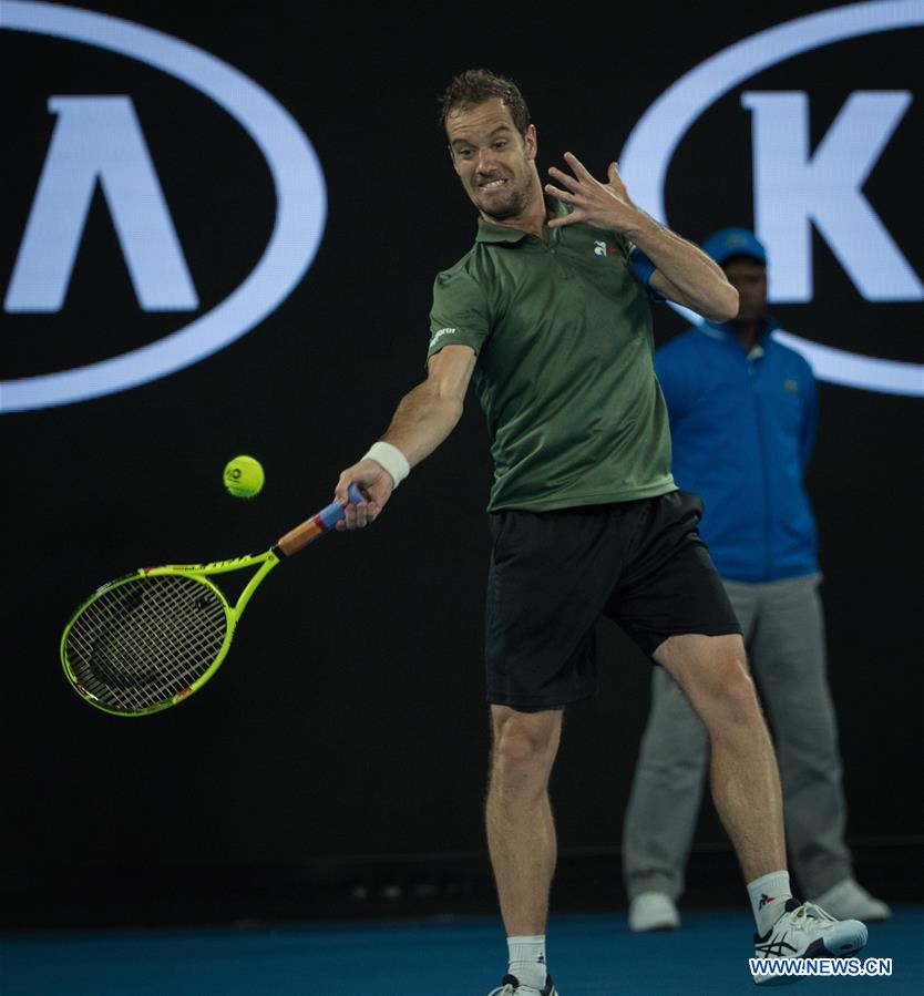 Richard Gasquet of France returns the ball during the men's singles third round match against Grigor Dimitrov of Bulgaria at the Australian Open Tennis Championships in Melbourne, Australia, Jan. 21, 2017. Gasquet lost 0-3. (Xinhua/Zhu Hongye)
