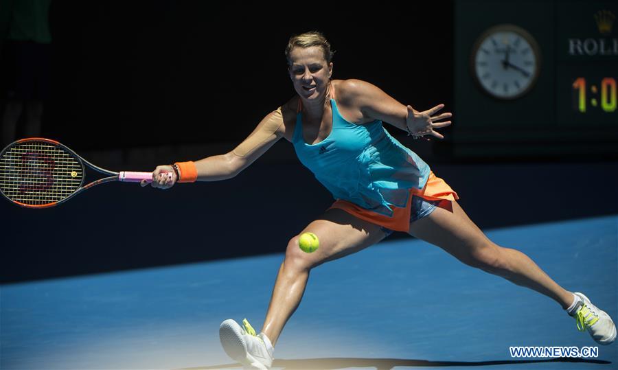 Anastasia Pavlyuchenkova of Russia competes during the women's singles third round match against her compatriot Elina Svitolina at the Australian Open Tennis Championships in Melbourne, Australia, Jan. 22, 2017. Anastasia Pavlyuchenkova won 2-0. (Xinhua/Lui Siu Wai)