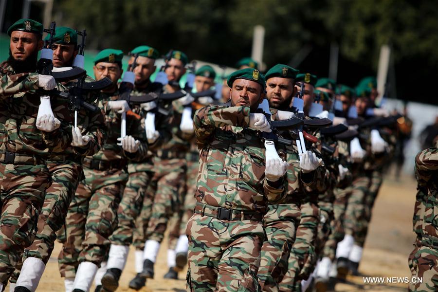 Members of the Palestinian Hamas security forces take part in a military graduation ceremony organized by the Palestinian Interior Ministry in Gaza City, on Jan. 22, 2017. (Xinhua/Wissam Nassar) 