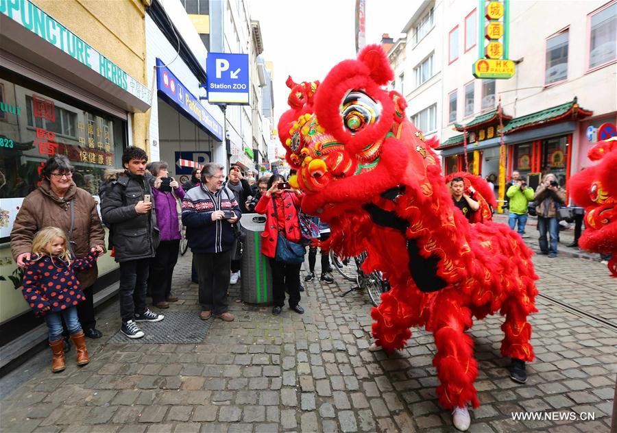 People watch lion dance to celebrate the Chinese Lunar New Year at Chinatown in Antwerp, Belgium, on Feb. 1, 2017.