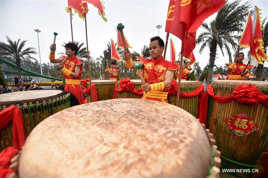 Competitors beat drums during a drum competition held to celebrate the Chinese Spring Festival in Qinzhou, south China's Guangxi Zhuang Autonomous Region, Feb. 2, 2017. (Xinhua/Zhang Ailin) Competitors beat drums during a drum competition held to celebrate the Chinese Spring Festival in Qinzhou, south China's Guangxi Zhuang Autonomous Region, Feb. 2, 2017. (Xinhua/Zhang Ailin)
