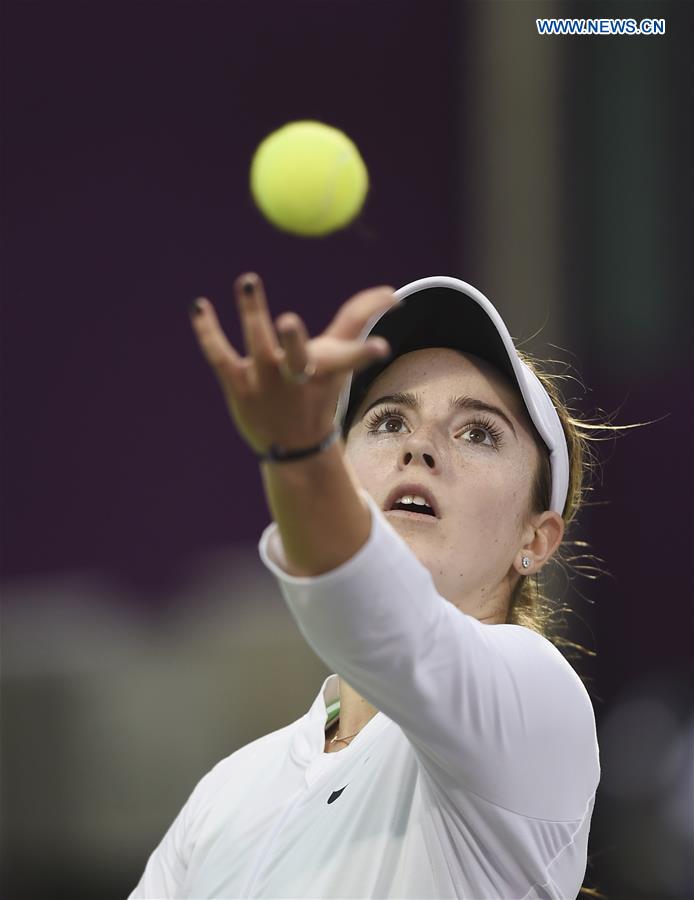 Catherine Bellis of United States serves during the women's singles 2nd round qualifying match against Zheng Saisai of China at WTA Qatar Open 2017 at the International Khalifa Tennis Complex of Doha, Qatar, Feb. 12, 2017. 