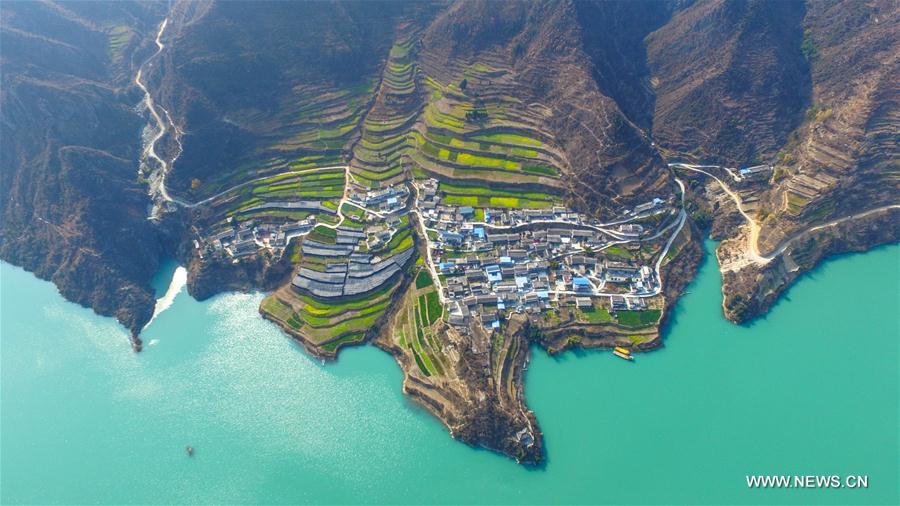 Aerial photo taken on Feb. 12, 2017 shows cole flower fields near the bank of Bikou Reservoir in Longnan, northwest China's Gansu Province