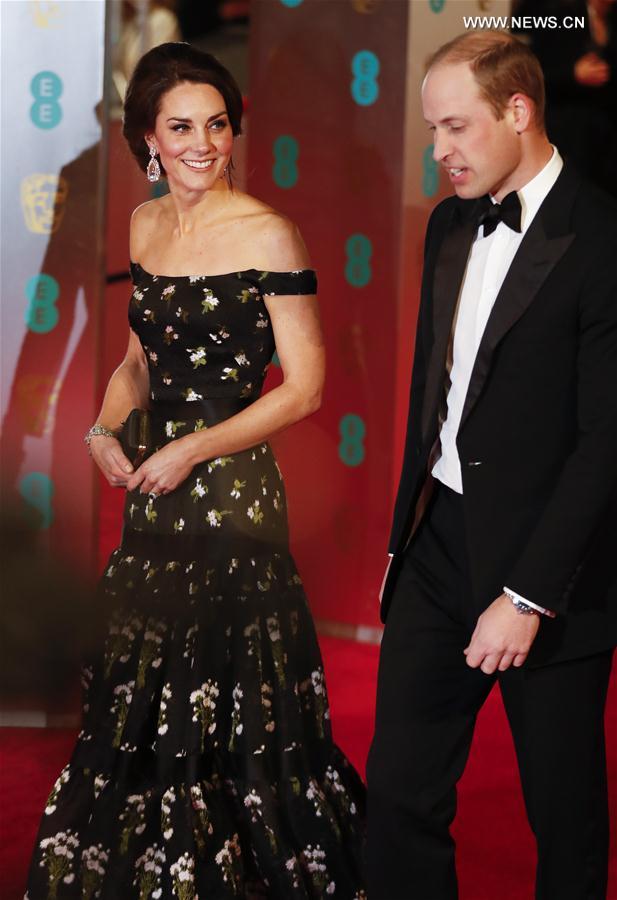 Britain's Prince William (R), the Duke of Cambridge, and Kate, the Duchess of Cambridge, arrive at the British Academy Film Awards (BAFTA) at Royal Albert Hall in London, Britain, on Feb. 12, 2017. 