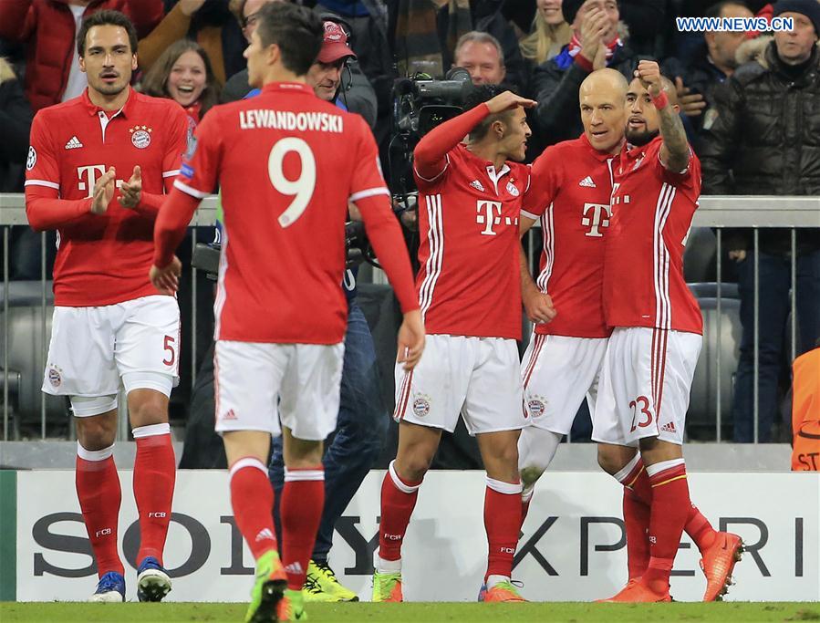 Bayern Munich's players celebtate scoring during the first leg match of Round of 16 of European Champions League between Bayern Munich and Arsenal in Munich, Germany, on Feb. 15, 2017. Bayern Munich's players celebtate scoring during the first leg match of Round of 16 of European Champions League between Bayern Munich and Arsenal in Munich, Germany, on Feb. 15, 2017.