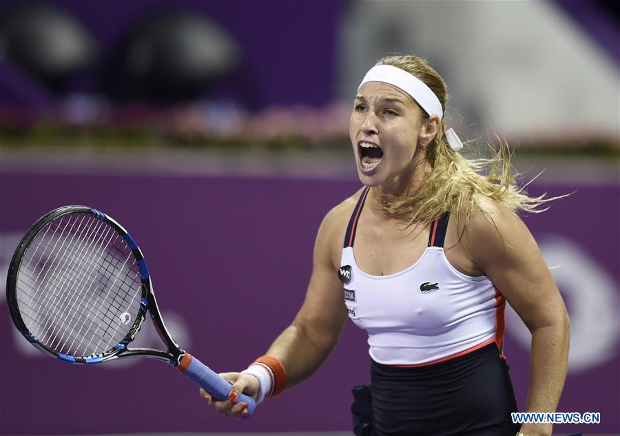 Dominika Cibulkova of Slovakia celebrates after winning the women's singles quarterfinal against Samantha Stosur of Australia at WTA Qatar Open 2017 at the International Khalifa Tennis Complex of Doha, Qatar, Feb. 16, 2017. Dominika Cibulkova won 2-0. (Xinhua/Nikku) 