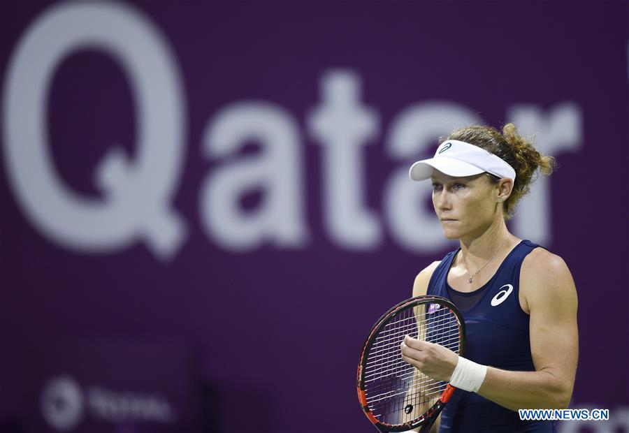 Samantha Stosur of Australia reacts during the women's singles quarterfinal against Dominika Cibulkova of Slovakia at WTA Qatar Open 2017 at the International Khalifa Tennis Complex of Doha, Qatar, Feb. 16, 2017. Samantha Stosur lost 0-2. (Xinhua/Nikku)