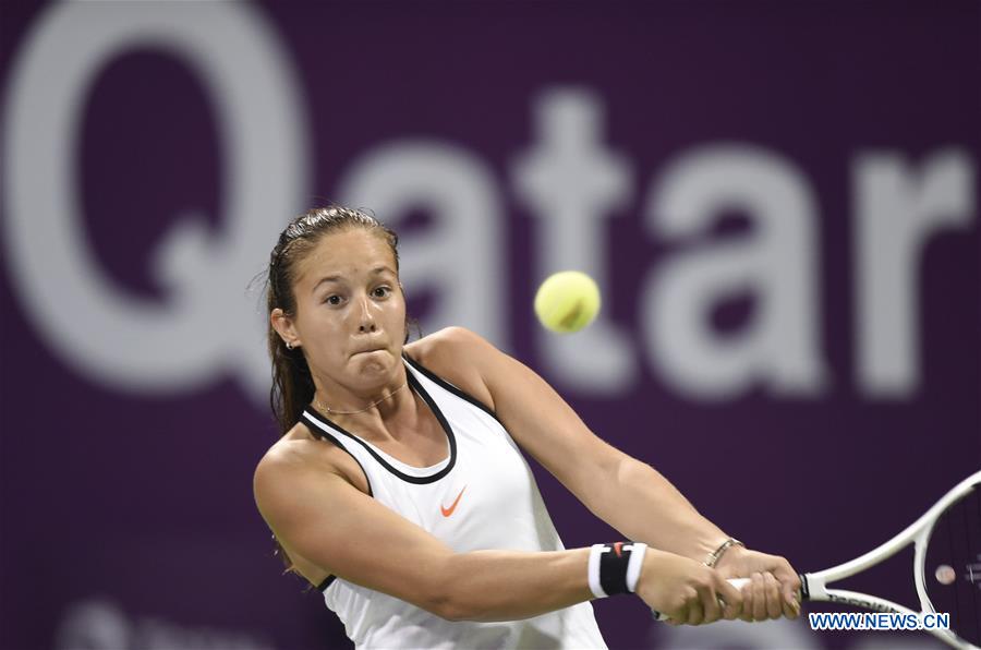 Daria Kasatkina of Russia returns the ball during the women's singles quarterfinal against Monica Puig of Puerto Rico at WTA Qatar Open 2017 at the International Khalifa Tennis Complex of Doha, Qatar, Feb. 16, 2017. The match was suspended due to the rain. (Xinhua/Nikku) 
