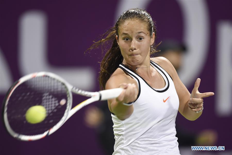 Daria Kasatkina of Russia returns the ball during the women's singles quarterfinal against Monica Puig of Puerto Rico at WTA Qatar Open 2017 at the International Khalifa Tennis Complex of Doha, Qatar, Feb. 16, 2017. The match was suspended due to the rain. (Xinhua/Nikku) 