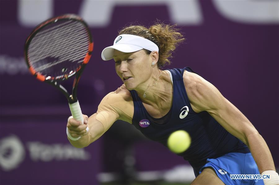 Samantha Stosur of Australia returns the ball during the women's singles quarterfinal against Dominika Cibulkova of Slovakia at WTA Qatar Open 2017 at the International Khalifa Tennis Complex of Doha, Qatar, Feb. 16, 2017. Samantha Stosur lost 0-2. (Xinhua/Nikku) 