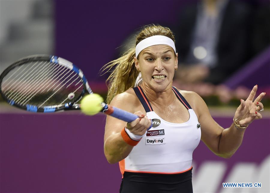 Dominika Cibulkova of Slovakia returns the ball during the women's singles quarterfinal against Samantha Stosur of Australia at WTA Qatar Open 2017 at the International Khalifa Tennis Complex of Doha, Qatar, Feb. 16, 2017. Dominika Cibulkova won 2-0. (Xinhua/Nikku) 