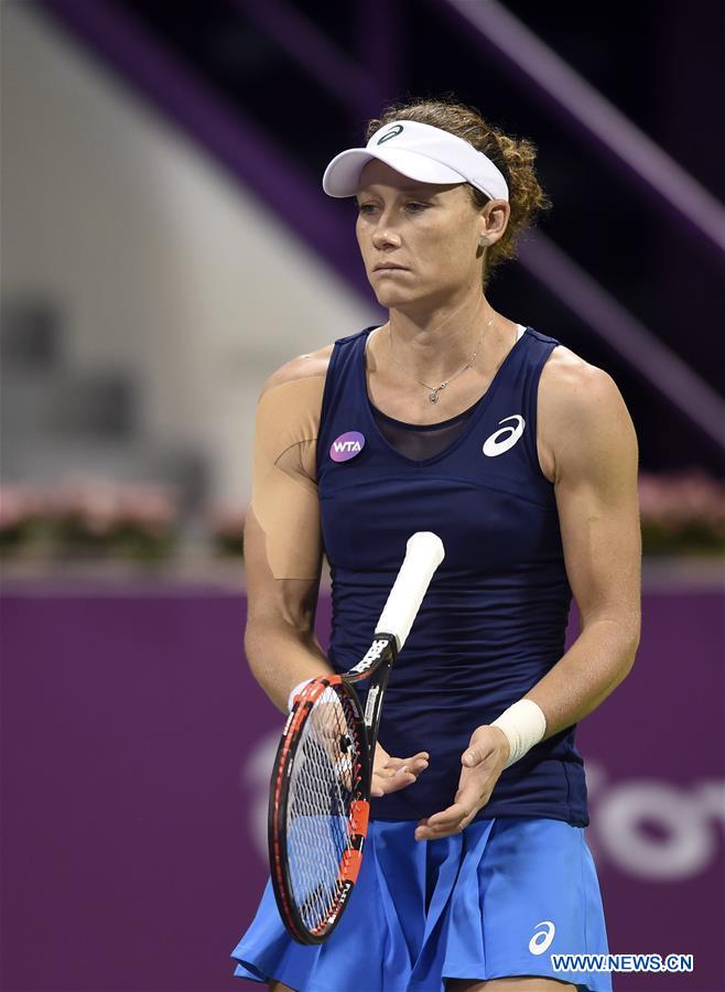 Samantha Stosur of Australia reacts during the women's singles quarterfinal against Dominika Cibulkova of Slovakia at WTA Qatar Open 2017 at the International Khalifa Tennis Complex of Doha, Qatar, Feb. 16, 2017. Samantha Stosur lost 0-2. (Xinhua/Nikku) 