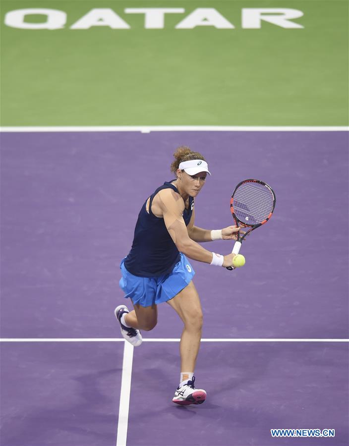 Samantha Stosur of Australia returns the ball during the women's singles quarterfinal against Dominika Cibulkova of Slovakia at WTA Qatar Open 2017 at the International Khalifa Tennis Complex of Doha, Qatar, Feb. 16, 2017. Samantha Stosur lost 0-2. (Xinhua/Nikku) 