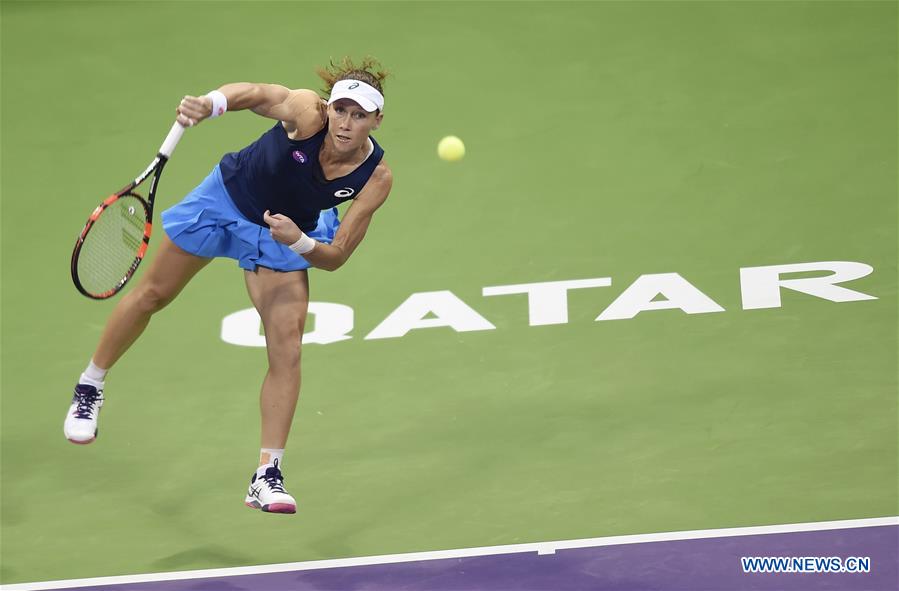Samantha Stosur of Australia serves during the women's singles quarterfinal against Dominika Cibulkova of Slovakia at WTA Qatar Open 2017 at the International Khalifa Tennis Complex of Doha, Qatar, Feb. 16, 2017. Samantha Stosur lost 0-2. (Xinhua/Nikku)