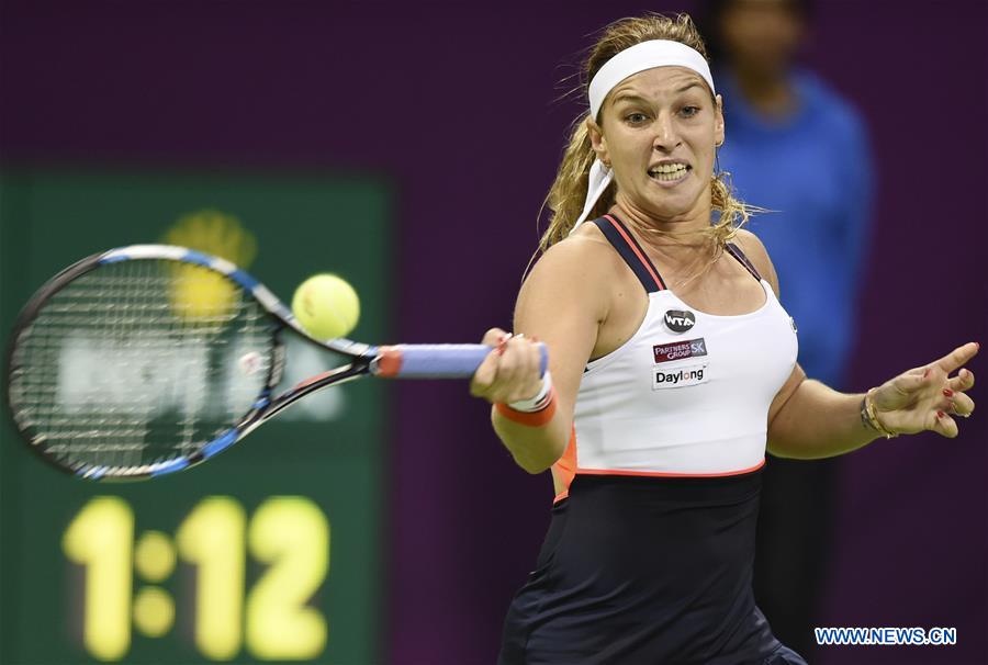 Dominika Cibulkova of Slovakia returns the ball during the women's singles quarterfinal against Samantha Stosur of Australia at WTA Qatar Open 2017 at the International Khalifa Tennis Complex of Doha, Qatar, Feb. 16, 2017. Dominika Cibulkova won 2-0. (Xinhua/Nikku)